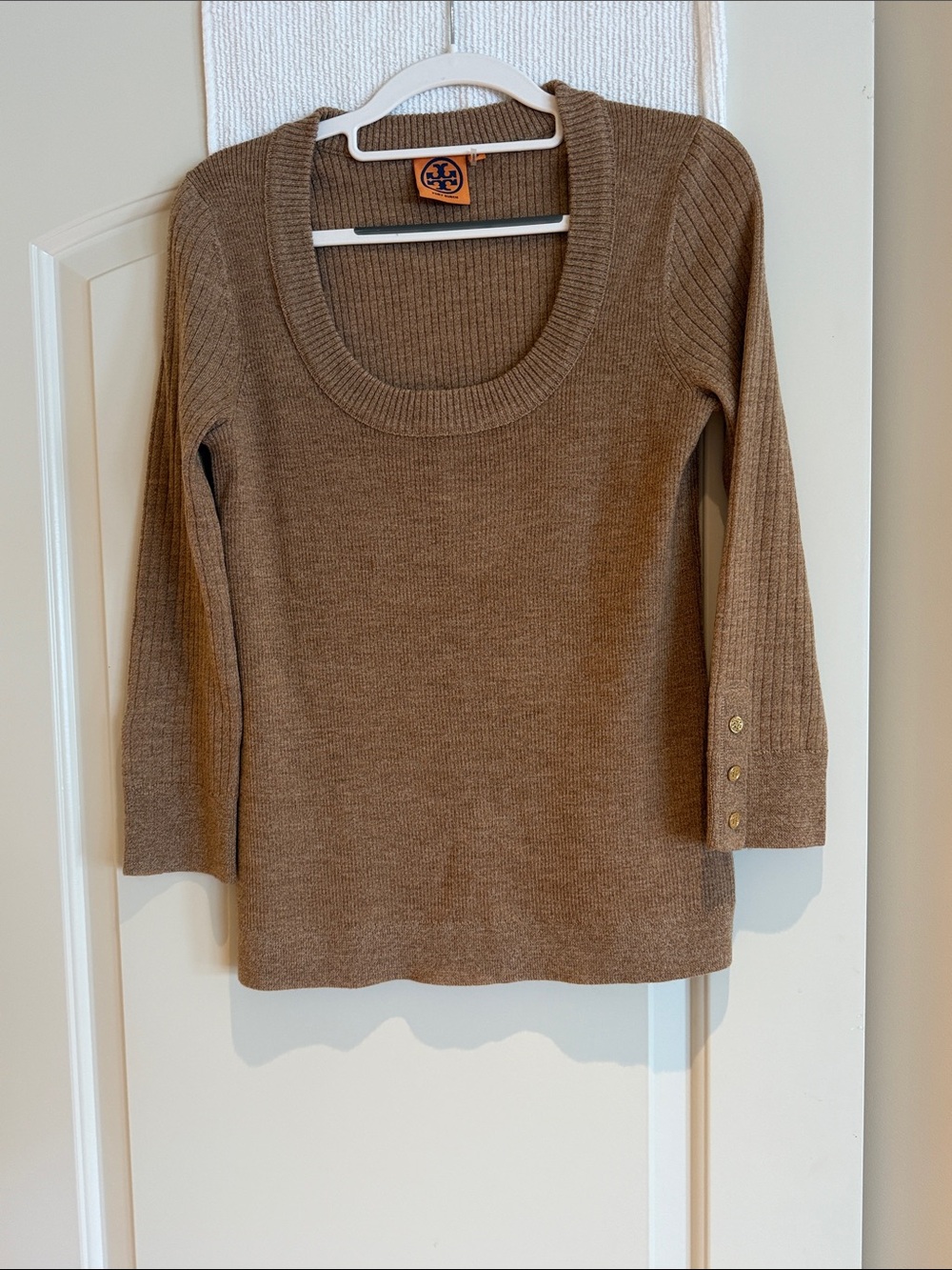 Tory Burch Taupe Ribbed Scoop-Neck Sweater with Gold Buttons